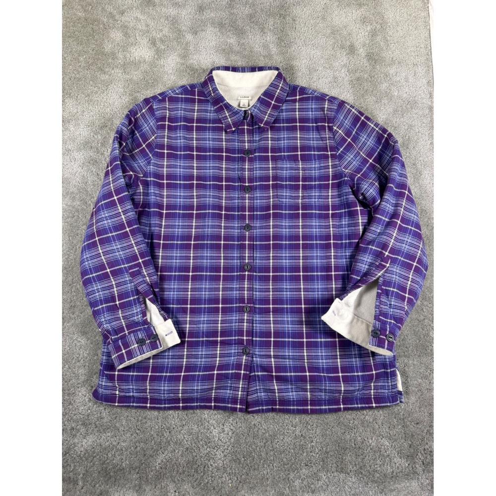 LL Bean Fleece Lined Flannel Shirt Jacket Purple Plaid Mens Large 285013